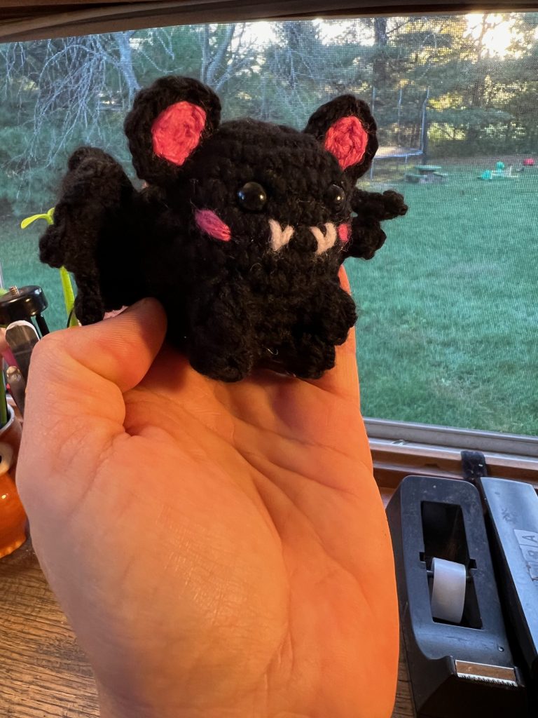 Creator holding a handmade crochet bat
